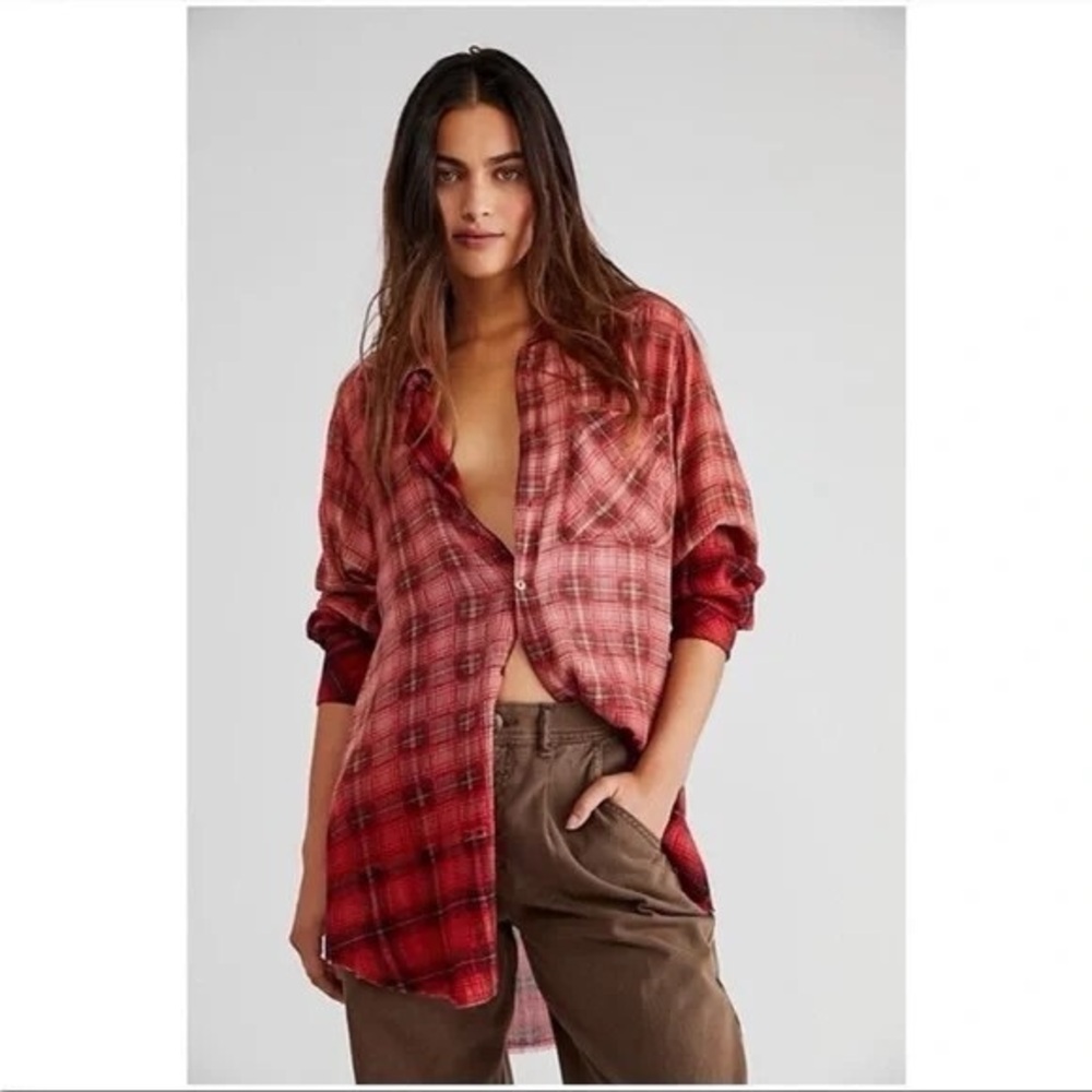 Free People One Grunge Ombré Plaid Down Shirt